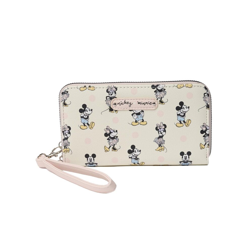 1112 Wallet Wristlet Zip Clutch Faux Leather Mickey Minnie Mouse Off White